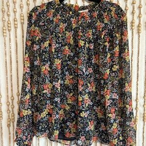 LOFT Black Multi Color Floral Smocked Lightweight Long Sleeve Boho Peasant Top M